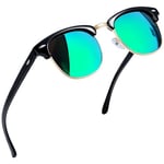 Joopin Demi Cercle Lunettes de Soleil Homme Noir Brillant Vert Miroir Polarisées et Lunette de Soleil Rétro Vintage pour Femme Classique UV400