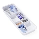 YouCopia DrawerFit Plateau de tiroir coulissant avec séparateurs réglables, organiseur de rangement de cuisine extensible, blanc moucheté