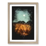 Big Box Art The Moon Above The Mountains Paint Splash Framed Wall Art Picture Print Ready to Hang, Oak A2 (62 x 45 cm)