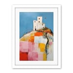 Artery8 House on the Hill Oil Painting Abstract Geometric Patchwork Palette Knife Pastel Colour Rural Landscape Artwork Framed Wall Art Print 18X24 Inch