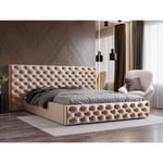 Lit double 180x200 Bella - Lit Chesterfield, lit glamour - sommier à lattes & coffre de lit - Beige (Magic Velvet 2201)