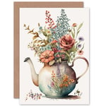 Flower Bouquet in a Floral Design Ceramic Teapot Flowers Nature Birthday Sealed Greetings Card