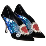 DOLCE & GABBANA Velvet Pumps LORI Sacred Heart Wings Embroidery Black Blue 09033