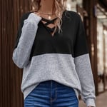 Women V Neck Criss Cross Blouse Long Sleeve Color Blocking Loose Fit Drop