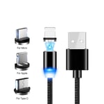 Magnetisk laddkabel till Mobiltelefon - iPhone + Micro-Usb + Usb Typ-C, 1m