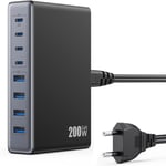 200W Chargeur Usb C Multiple, 8-Port Gan Iii Prise Usb C Chargeur Rapide Qc4.0+Pd 65W Chargeur Usb C Pour Ordinateur Portable Alimentation Adaptateur Pour Macbook Pro/Air, Iphone, Samsung Galaxy Etc.