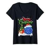 Womens Xmas Tree Lights Santa Hat Bowling Ball Christmas V-Neck T-Shirt