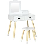 Coiffeuse enfant design scandinave - tabouret inclus - 2 tiroirs, niche, miroir - bois pin mdf blanc