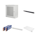 DIGITUS Set: Kit 19 Pouces - Armoire réseau 12 UH Porte perforée - Tablette - Prises Multiples - Panneau de Brassage Cat6A & modules Keystone - Câble réseau Cat6