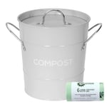 Light Grey Compost Caddy & 50x 6L Biobags - Kitchen Compost Bin - Metal Pail