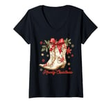 Womens Howdy Christmas Cowgirl Boots Coquette Bow Western Xmas V-Neck T-Shirt