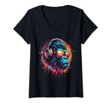 Womens Monkey DJ Disco Music Lover Headphones Gorilla Chimpanzee V-Neck T-Shirt