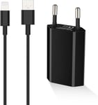 Chargeur pour IPhone 8, 6, 6S, 7, 7 Plus, 10, XR, XS, SE, IPod Touch 5G, Max Adaptateur Telephone Connecteur avec 2M C?ble USB Prise 5V1A (Noir)