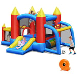 Château Gonflable pour Enfants avec Souffleur 450W Toboggan 60 Boules Colorées,Jeux de Fléchettes But de Football Sac - Costway