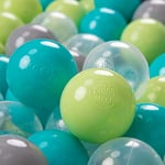 KiddyMoon 700 ∅ 7Cm Balles Colorées Plastique pour Piscine Enfant Bébé Fabriqué en EU, Turquoise/Vert Clair/Gris/Transparent