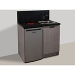 Kitchenette chêne gris 100cm + plaque de cuisson + refrigerateur + evier + mitigeur