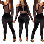 JJZZ Femmes 2 pièces Tenues, Sexy Manches Longues Club Mesh Couture Velvet Bolycéon Cold Epaule Combinaison Meilleur Cadeau pour Femme, Soeur, Petite Amie,Noir,S