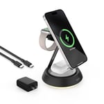 SODI Station de Charge Magnétique sans Fil 3 en 1, Chargeur Magnétique 15W, Compatible avec Phone 15/14/13/12 pour Apple Watch 9 et AirPods Pro/3/2 (avec Adaptateur USB-C 20W et Câble), Noir