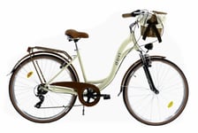 Damcykel Davi Maria med flätad korg, aluminium, 7 växlar, 28" hjul, höjd 160-185 cm, Kräm/Brun