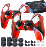 Lot De 2 Coques En Silicone Pour Manette De Ps5 (Camouflage Rouge) Avec 8 Grips Pour Les Pouces, 8 Bouchons Et 4 Protections Anti-Chocs