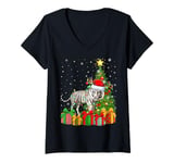 Womens Tiger Xmas Tree Lighting Santa Hat White Tiger Christmas V-Neck T-Shirt