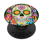 Cool Sugar Skull Mexican Design Colorful Flower Art on Black PopSockets PopGrip: Swappable Grip for Phones & Tablets