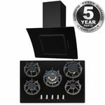 SIA 70cm Black 5 Burner Gas On Glass Hob & Angled Curved Glass Cooker Hood Fan