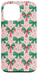 iPhone 13 Pro Max Green Bows On Pink Preppy Christmas Festive Pattern Case