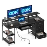 ODK Bureau avec 4 Tiroirs, Bureau d'ordinateur avec Prise de Charge USB et Prise de Courant, Bureau Gaming Bureau Informatique avec Étagères Réglable pour Domicile (Noir,140x52x92cm)