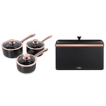 Tower T800001RB Linear Non Stick Induction Saucepans Sets with Lids, Easy Clean, Black and Rose Gold & T826130BLK Cavaletto Bread Bin with Removable Lid, Large Capacity, Durable Steel Body, Black