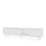 Selsey Bello - Meuble TV/Banc TV - 175 cm - Blanc, façades à lamelles et Pieds dorés - avec LED