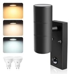 ALUSSO LIGHTING Up Down LED Wall Light PIR Motion Sensor 8W 750LM Stainless Steel Lamp, with GU10 Bulbs 3000K 4000K 6000K Adjustable, Outdoor Security Light IP65 Waterproof for Hallway Porch, Black