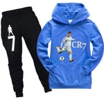 Barn Pojkar CR7 Ronaldo träningsoverall Set Huvtröja Sweatshirt Huvtröja Byxor Outfit Blue 150cm