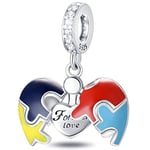 Autism Awareness Pendant Charms, 925 Sterling Silver Opened Heart Colourful Enamel Puzzle Piece Beads, fit Pandora Mothers Day Bracelet, Forever Love Gift for Christmas/Valentines