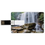 8G USB Flash Drives Credit Card Shape Waterfall Decor Memory Stick Bank Card Style Waterfalls Surrounded by Rocks and Tropical Exotic Plant Artwork,White Green and Brown Waterproof Pen Thumb Lovely J