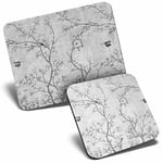 Mouse Mat & Coaster Set - BW - Vintage Oriental Style Nightingale  #37235