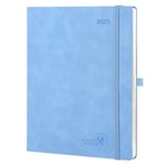 POPRUN Agenda 2025 Semainier et Carnet de Notes Grand 26,5 x 21,5 cm - Couverture en Cuir Weekly Planner D'Jan 2025 à Déc 2025, Onglets Mensuels, Papier 100 g/m², Bleu Cyan-CBL