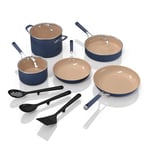 Ninja Ceramic Cookware Set, Extended Life 11-Piece Kitchen Cookware Sets with Comfort Grip, Nonstick Fry Pans, Pots, PTFE Free, Oven & Dishwasher Safe, Stovetop Compatible, Navy Blue, CW49011