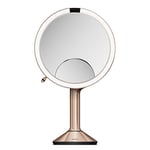 simplehuman ST3034 20cm Sensor Mirror Trio with Touch-Control Brightness, Light Up Makeup Magnifying Mirror, 10x, 5x, 1x Magnification, LED, Dual Light Setting, Rechargeable, Rose Gold Stainless Steel