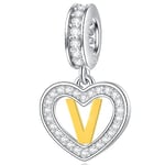 Letter V Charms Initial Necklace Pendant, 18K Gold Letra v, 925 Sterling Silver Heart Alphabet Dangle CZ Beads, fit Pandora Valentines Bracelet, Gifts for Lover/Twins/Daddy's Girl