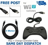 Extra Long 3 Meter Charger Charging Cable Lead Nintendo Wii U Pro Controller New