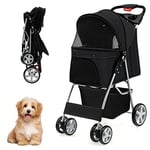 GOPLUS Poussette Pliable Chariot Pliant Animaux Panier Plateau de Rangement Porte-gobelet, Auvent Réglable, Roues EVA Tout-terrain avec Frein, 87 x 46 x 102 cm, Noir