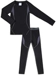 HAINES sous Vetement Thermique Enfant Ensemble sous-Vêtements Thermiques Garçon Fille Respirant Vetement Thermique Haut et Pantalon Chaud pour Football Ski Cyclisme Noir，GR.158-164