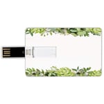 32G USB Flash Drives Credit Card Shape Succulent Memory Stick Bank Card Style Cactus Flower Garden Green Fern Seasonal Branch and Leaves Frame Borders Decorative,Green Light Green Waterproof Pen Thumb