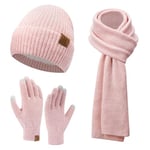 Femme Hiver Bonnet Chapeau Écharpe Longue Gants Tactiles Écran Ensemble Chaud Tricot Polaire Doublé Casquette Foulard Gant Cadeaux de Noël Anniversaire pour Femmes