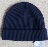 JOHN LEWIS 100% Cashmere Navy Cuff BEANIE Hat Lighweight Toque Mens OSFA Tags