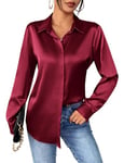 Zeagoo Chemisier Femme Satin à col en V La Soie Élégante Blouse Chic Manches Longues Chemise Boutons Ample à Manches Longues Chemisier de Soirée Business Top Rouge S