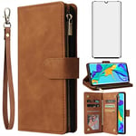 Asuwish Compatible with Huawei P30 Pro Wallet Case Tempered Glass Screen Protector and Leather Flip Cover Card Holder Stand Cell Accessories Phone Cases for Hawaii P30Pro P 30 Pro30 Women Men Brown