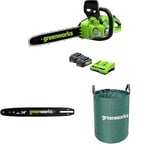 Greenworks 40V 35cm Tronçonneuse à Batterie Moteur Sans Balais, 2 Batteries 24V 4Ah et Chargeur Double + Greenworks 35cm Barre de chaîne + Sac à déchets de jardin Greenworks 120 L