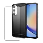 Carbon Case for Samsung Galaxy A35 Phone Cover and Glass Screen Protector Black